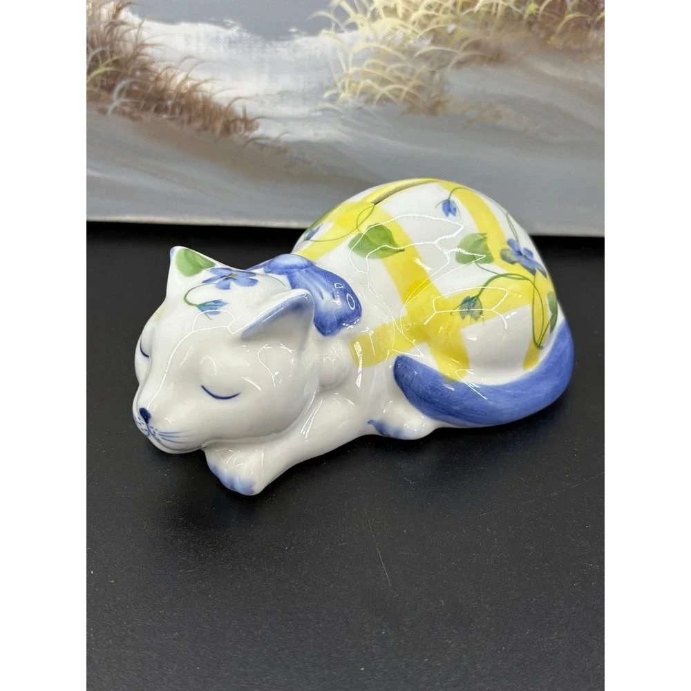 Vintage Ceramic Sleeping Cat Piggy Bank Blue Floral Yellow Gingham Figurine